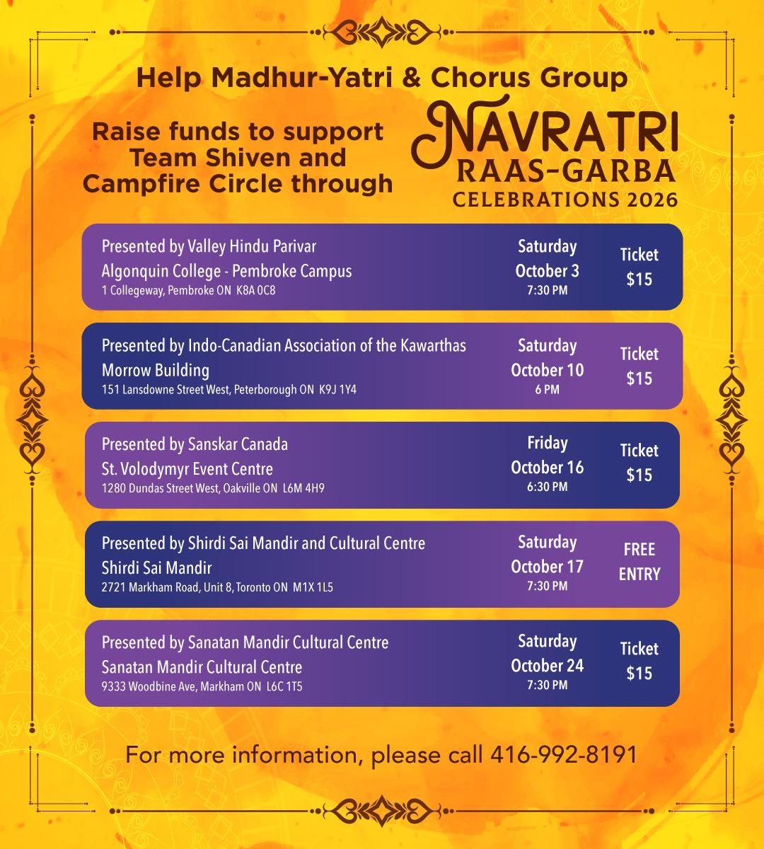 Navratri Raas-Garba Celebrations 2026 poster listing all five events